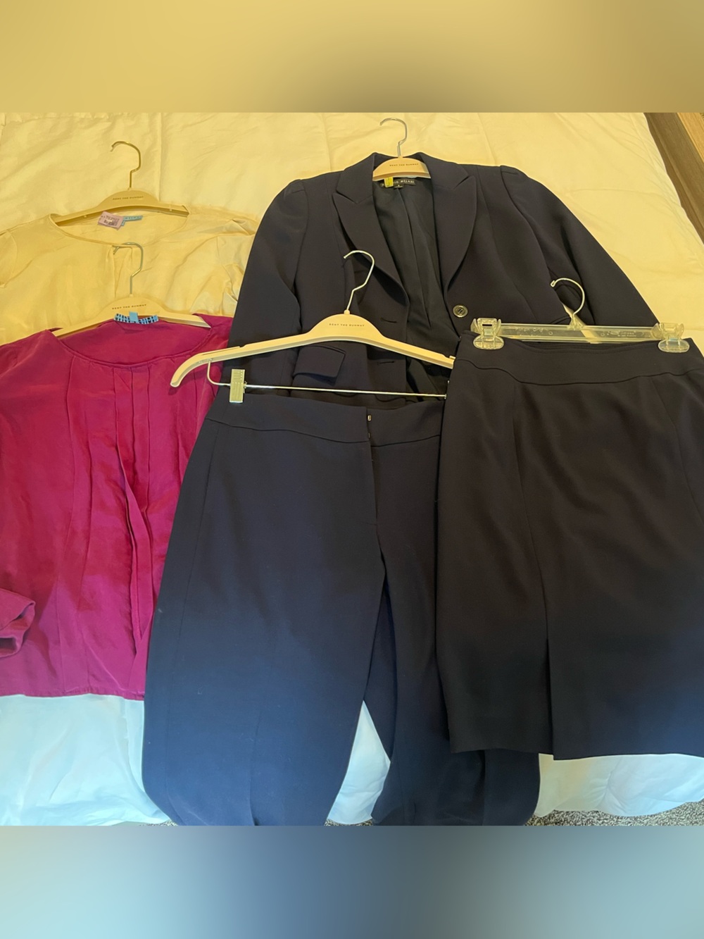 Navy Three-Piece Suit Set with Magenta and Cream Tops